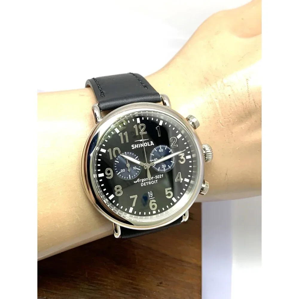 Shinola Men's Watch S0120109242 Quartz Chronograph Black Dial Leather Strap 47mm